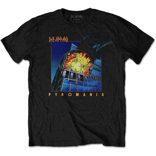 Black t-shirt featuring Def Leppard’s Pyromania album artwork, extra large size.