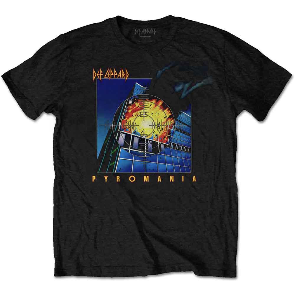 Black t-shirt featuring Def Leppard’s Pyromania album artwork, extra large size.
