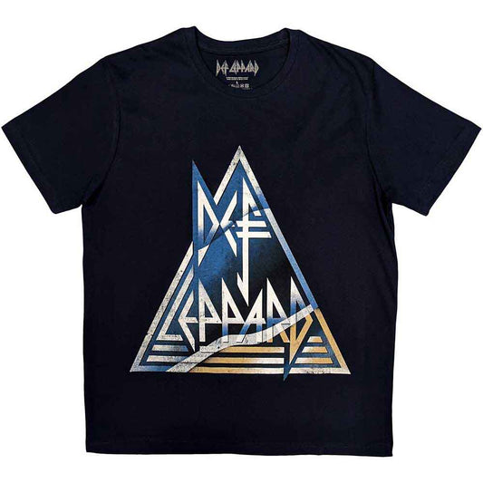 Navy blue t-shirt with a white and blue Def Leppard triangle logo.