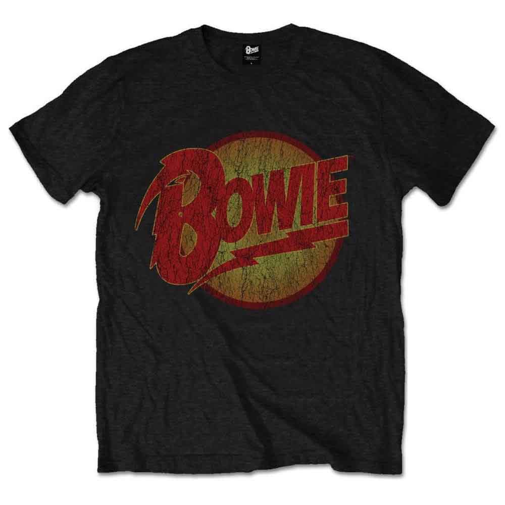 Black t-shirt with a distressed, circular "Bowie" logo on the chest.