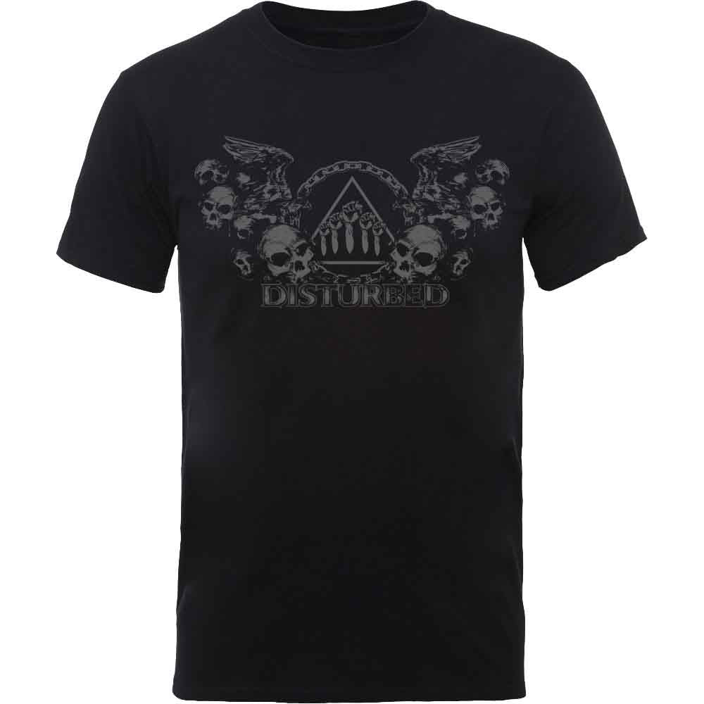 Black t-shirt with a grey skull and wing design, “Disturbed” text.
