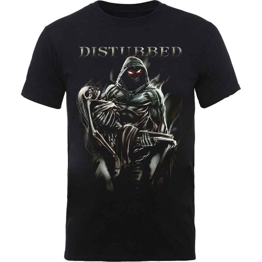 Black t-shirt featuring a hooded figure carrying a skeleton with the Disturbed logo above.