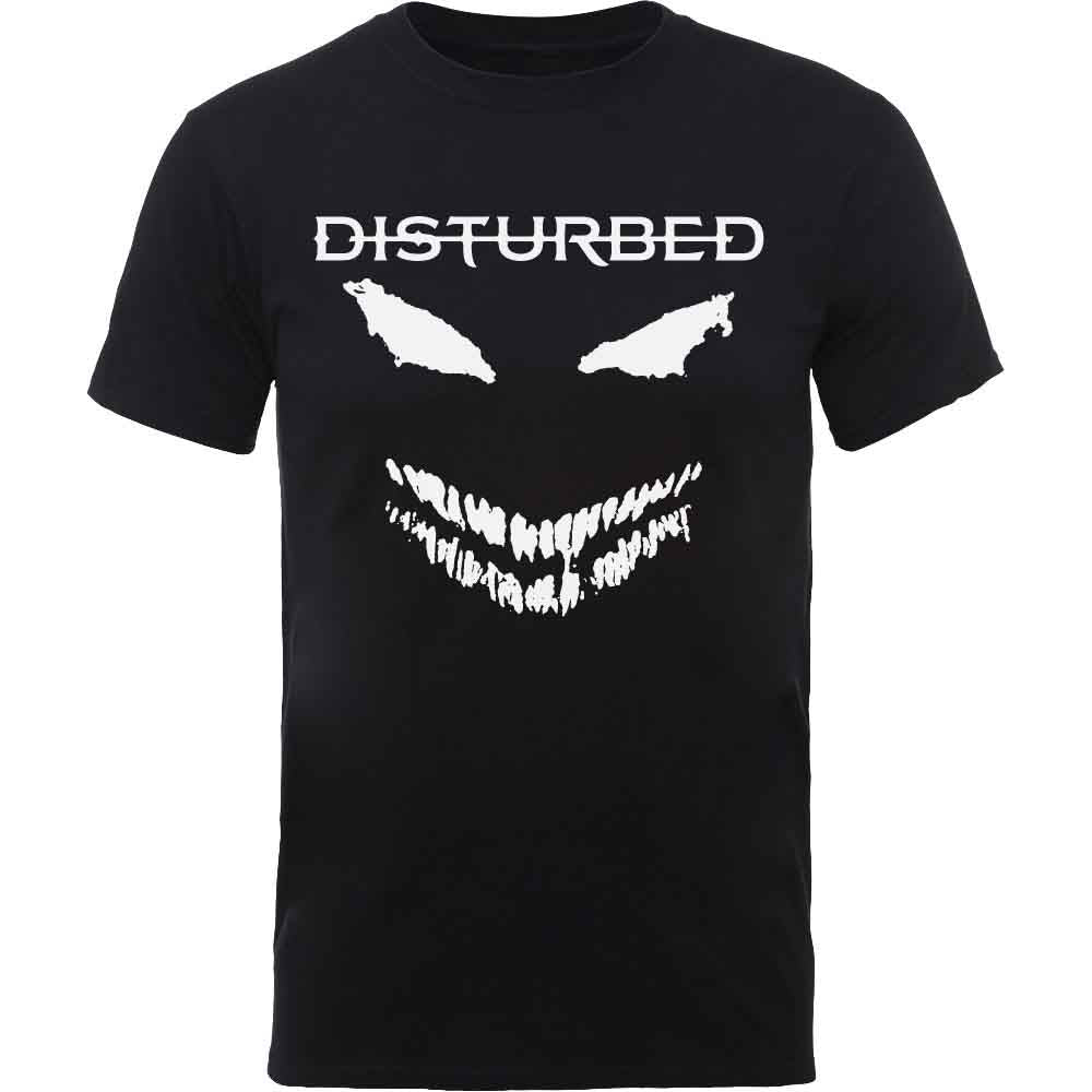 Black t-shirt with a white, jagged-toothed scary face and "Disturbed" text.