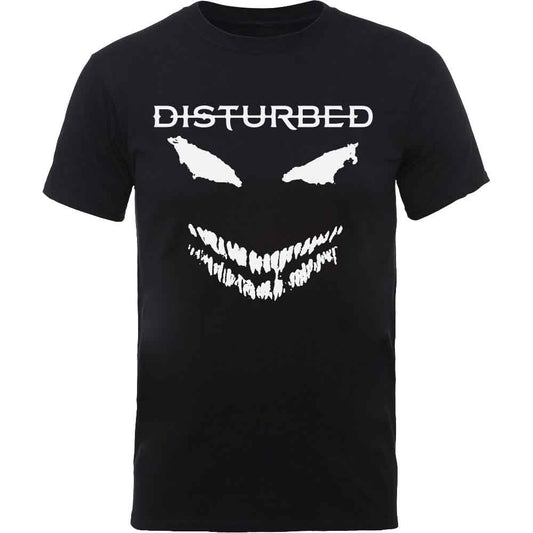 Black t-shirt with a white, jagged-toothed scary face and "Disturbed" text.