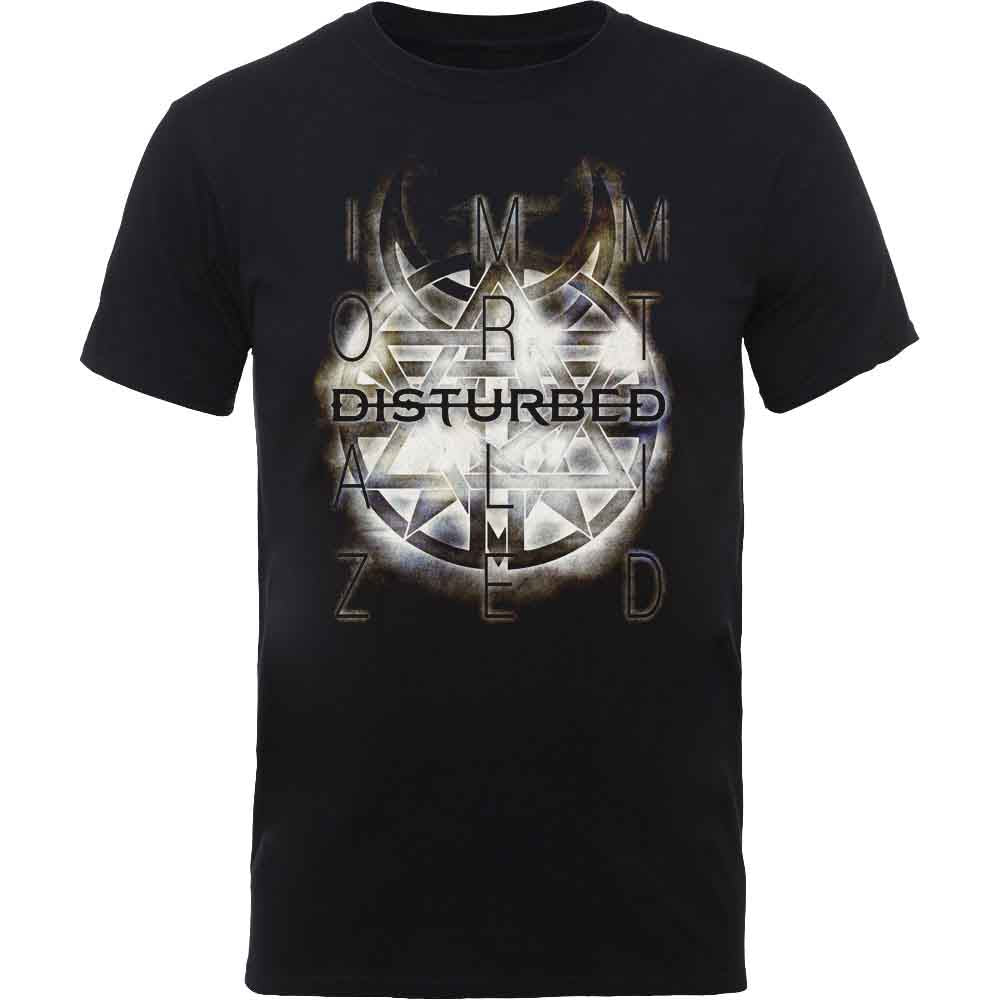 Black t-shirt with a large, distressed Disturbed band symbol graphic.