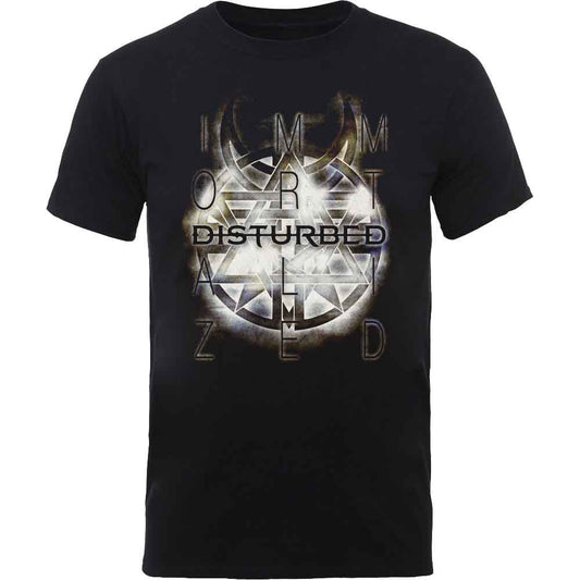 Black t-shirt with a large, distressed Disturbed band symbol graphic.
