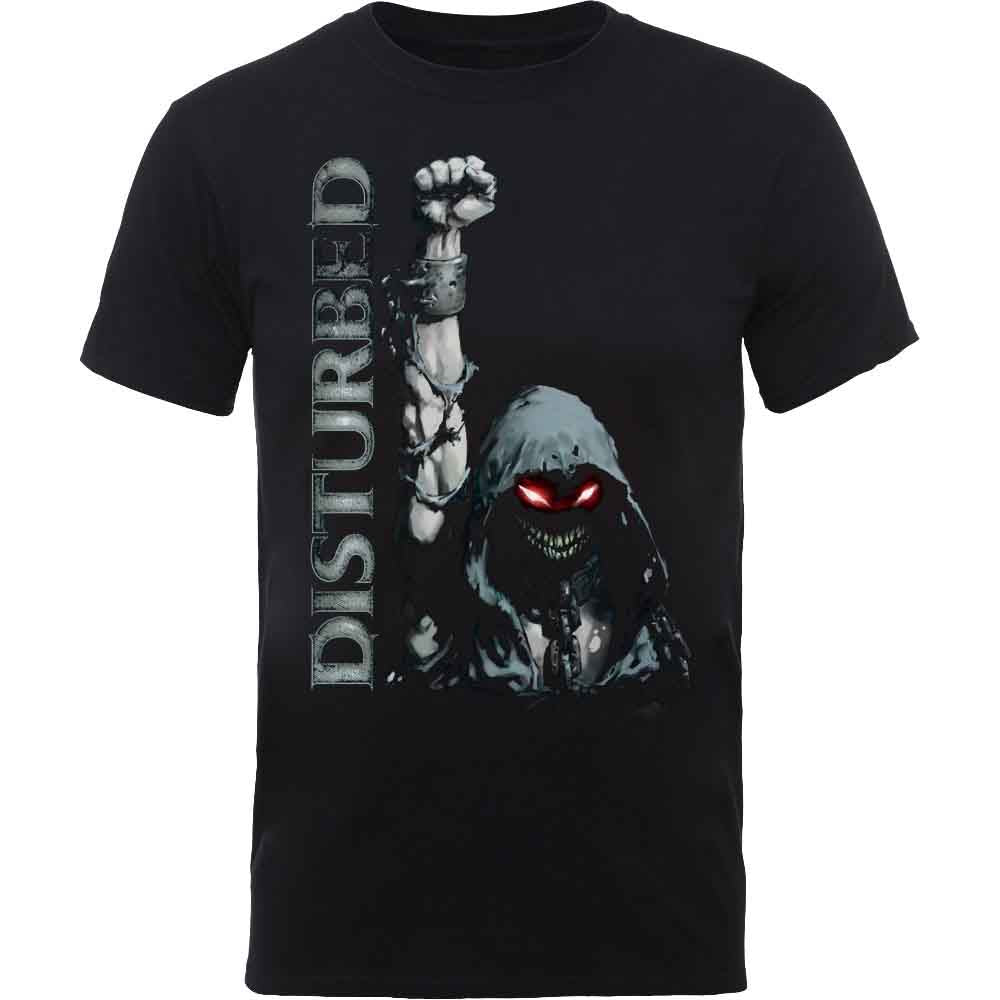 Black t-shirt with a graphic of a hooded figure and raised fist.