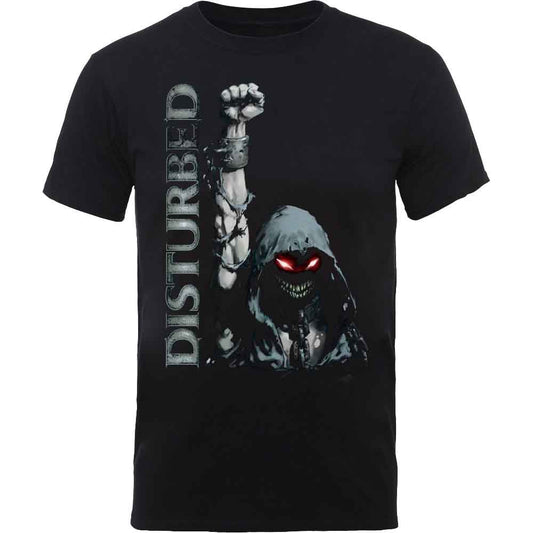 Black t-shirt with a graphic of a hooded figure and raised fist.