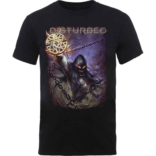 Black t-shirt with a large, detailed Disturbed band logo graphic.