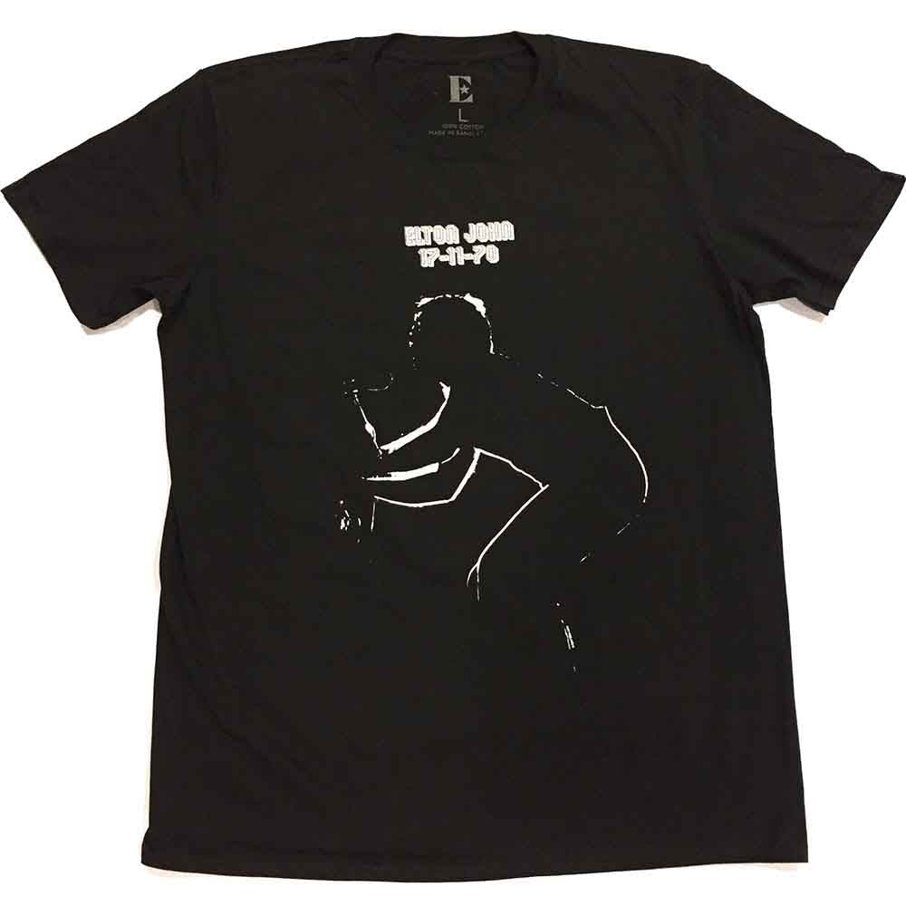 Black t-shirt with white graphic of Elton John playing piano.