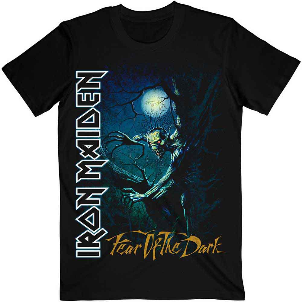 Black t-shirt with Iron Maiden’s “Fear of the Dark” tree sprite design.