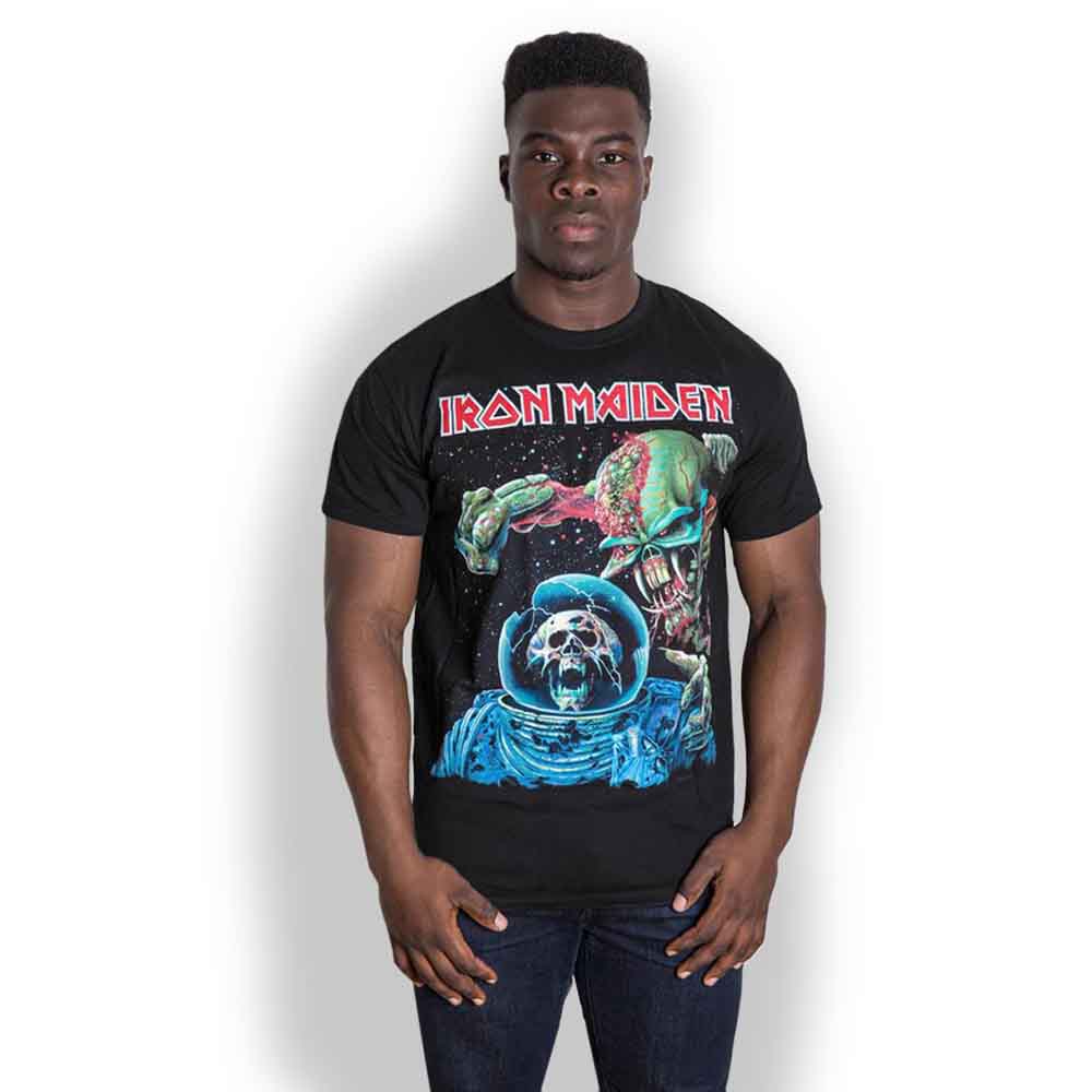 Man wearing a black Iron Maiden t-shirt with album artwork.