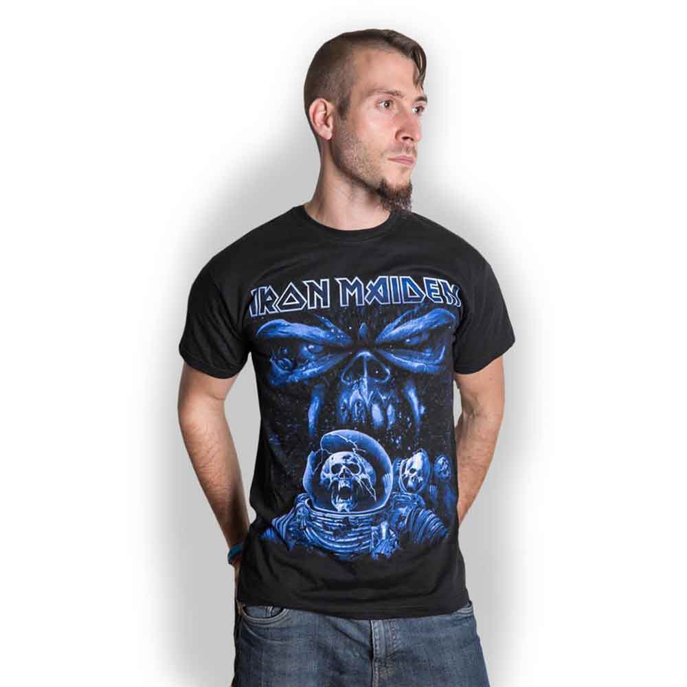 Black t-shirt with Iron Maiden’s “Final Frontier” spaceman album art.
