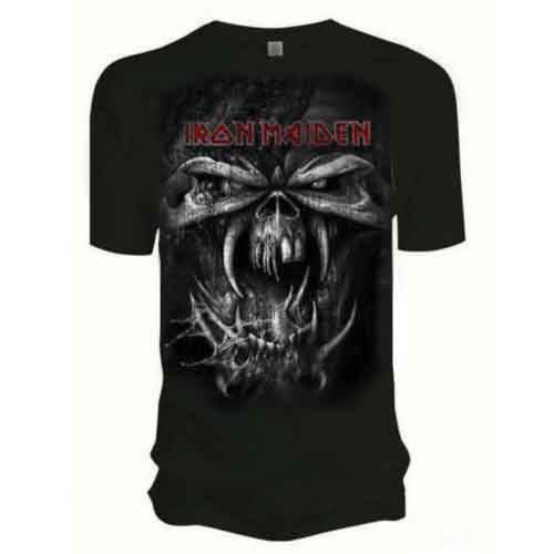 Man wearing black Iron Maiden t-shirt with skull graphic.