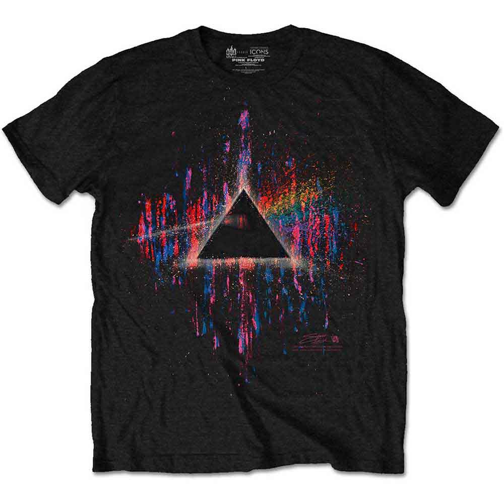 Black t-shirt featuring a colorful paint-splatter prism design inspired by Pink Floyd.