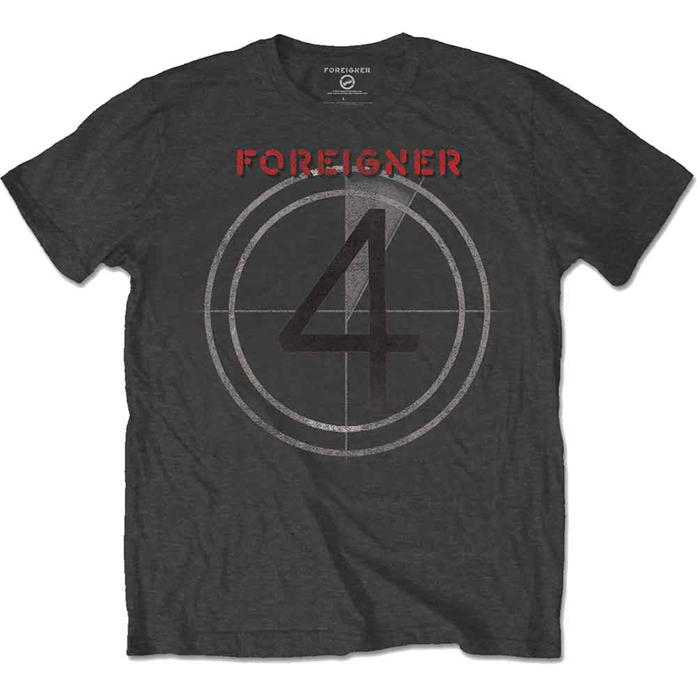 Charcoal grey t-shirt with a red “FOREIGNER 4” target graphic.