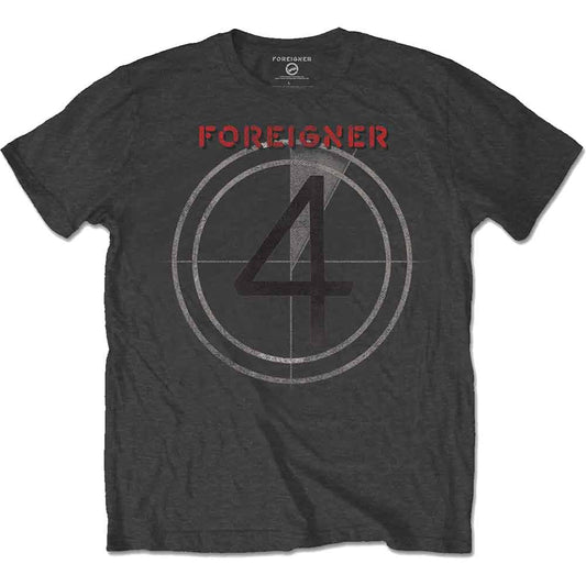 Charcoal grey t-shirt with a red “FOREIGNER 4” target graphic.