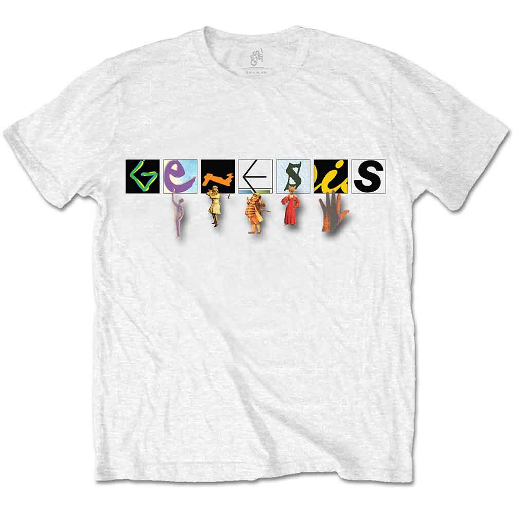 White t-shirt with colorful Genesis character icons worn by a man.