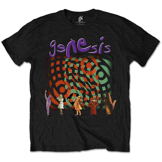 Black t-shirt with a colorful Genesis album cover graphic print.