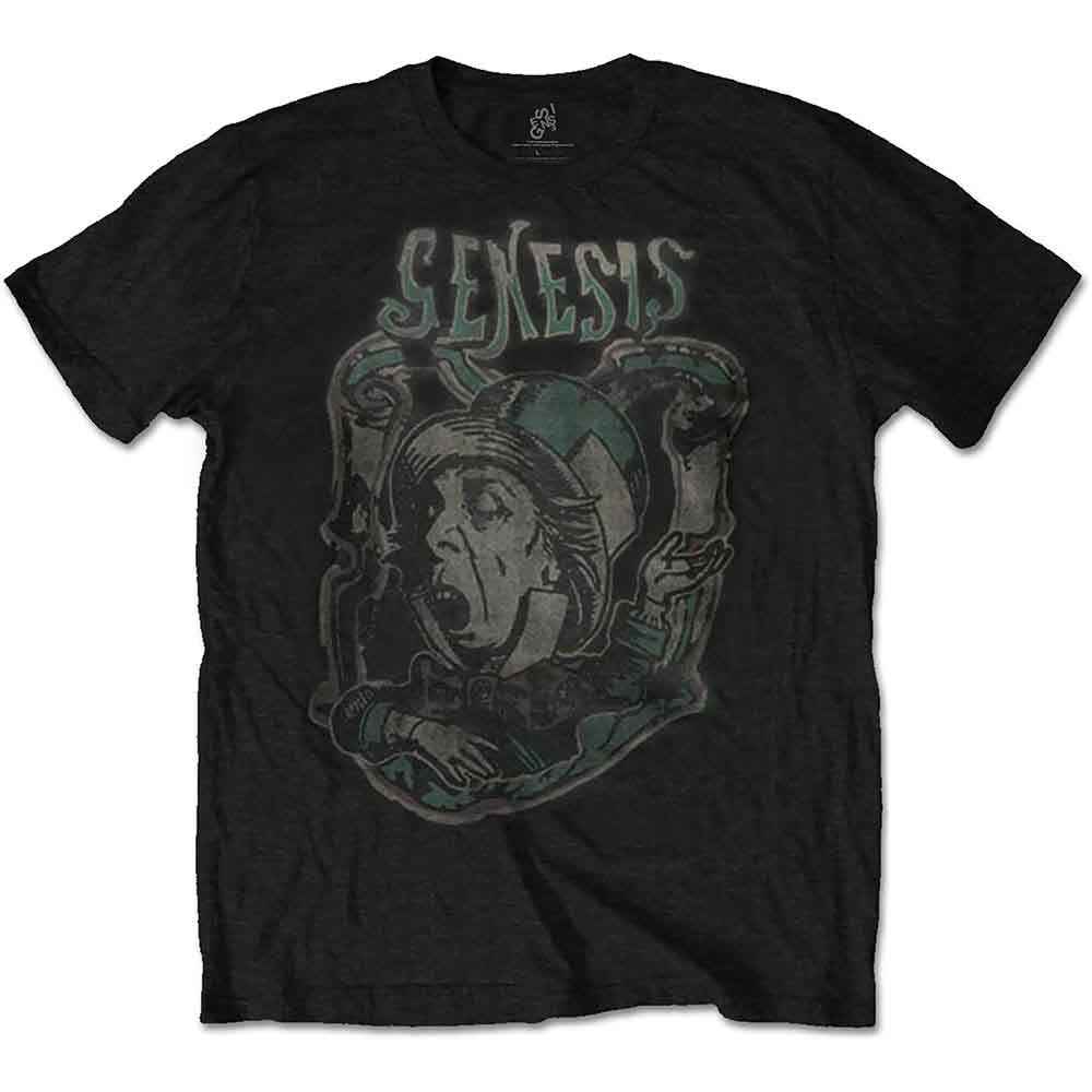 Black t-shirt with distressed Genesis Mad Hatter graphic design.
