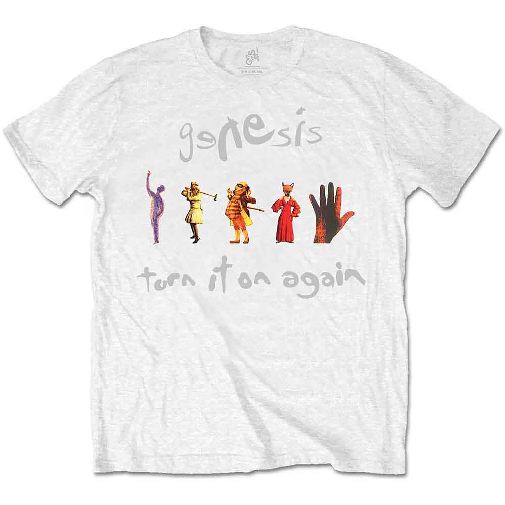 White t-shirt with Genesis "Turn It On Again" album art graphic.
