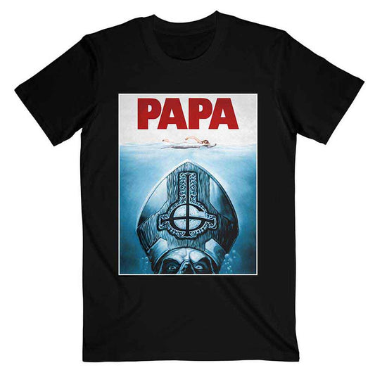 Black t-shirt with a "Papa" and "Jaws" inspired graphic design.