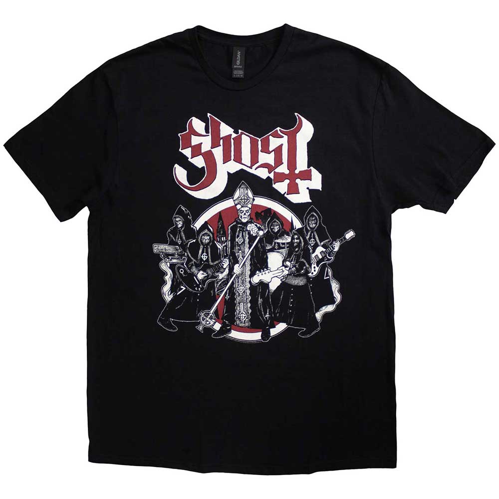 Black t-shirt featuring the Ghost band logo and members in costume on the front.