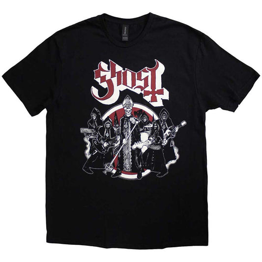 Black t-shirt featuring the Ghost band logo and members in costume on the front.