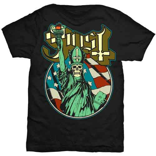 Black t-shirt with a ghostly Statue of Liberty design on the chest.