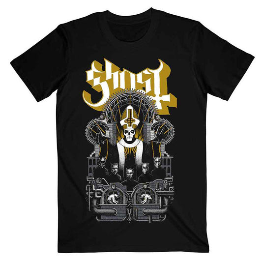 Black t-shirt with a large gold and white Ghost band logo print.