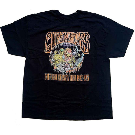 Black t-shirt with a colorful Guns N' Roses "Illusion" tour graphic.