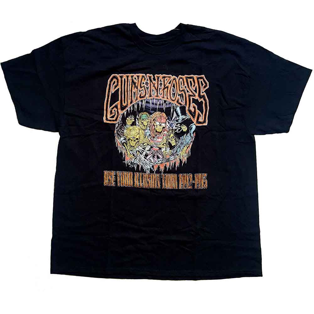 Black t-shirt with a colorful Guns N' Roses "Illusion" tour graphic.