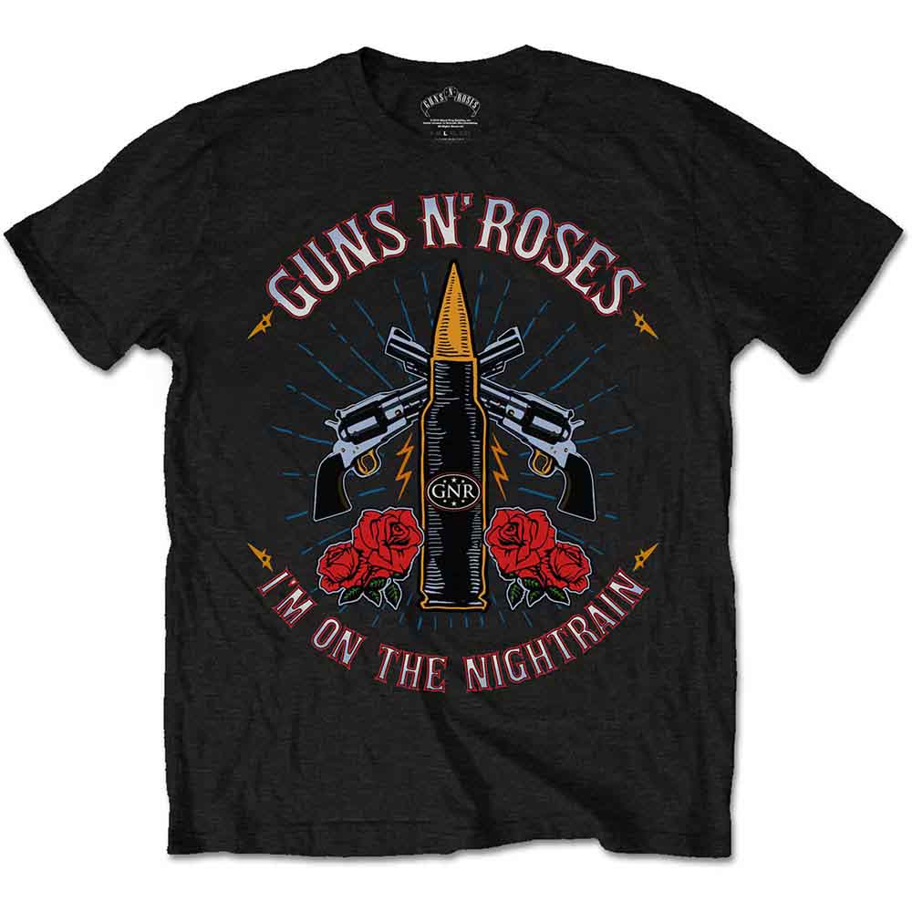 Black t-shirt with Guns N' Roses graphic of guns, roses, and a bullet.