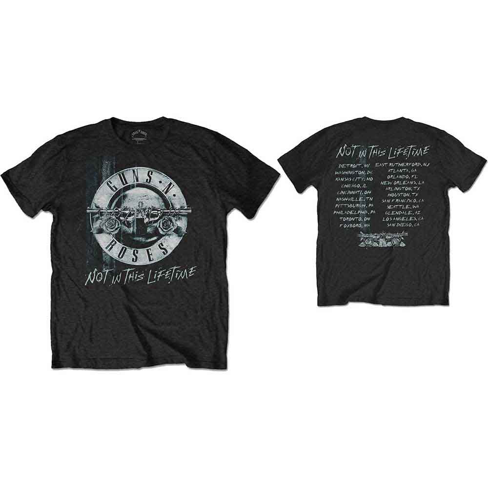 Black Guns N' Roses tour t-shirt showing front logo and back city list.