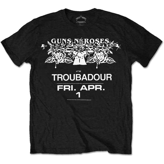 Black t-shirt with Guns N' Roses Troubadour flyer graphic, worn by a man.