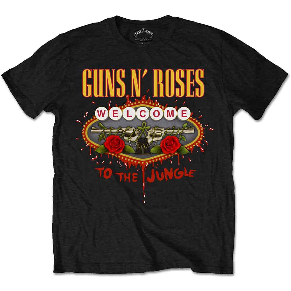 Black t-shirt with "Guns N' Roses" logo, guns, roses, and text.