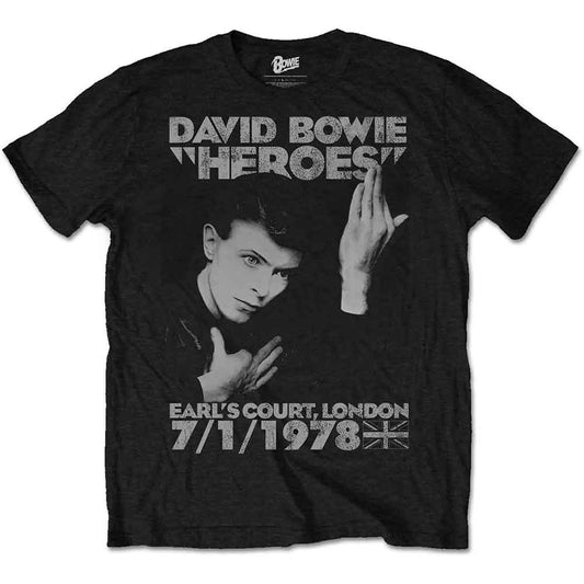 White unisex t-shirt featuring David Bowie's Heroes Earl Court concert artwork.