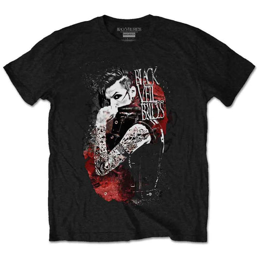 Black t-shirt with a distressed graphic of a person and text.
