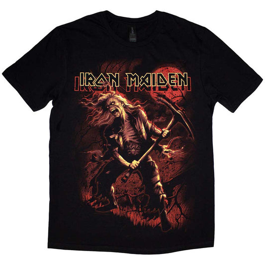Black Iron Maiden t-shirt featuring a skeletal figure with a pickaxe and red text.