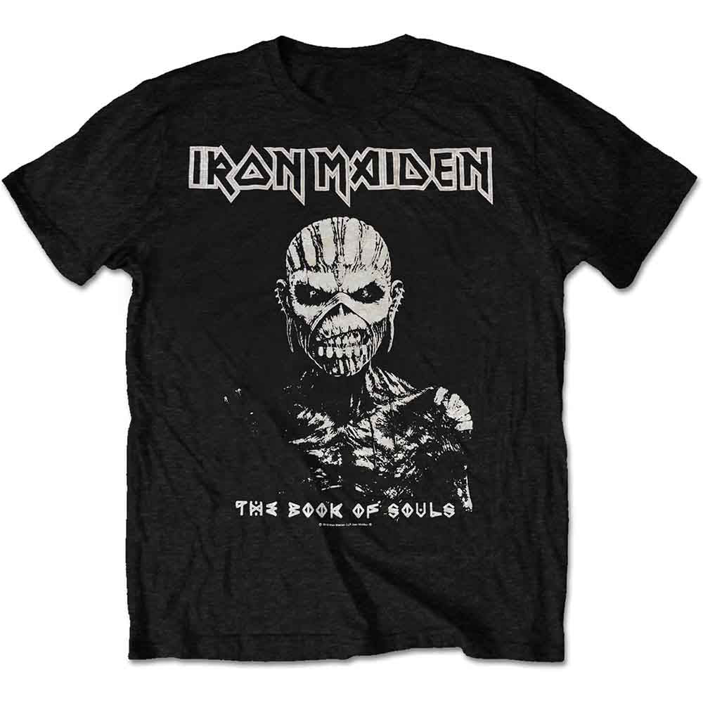 Black t-shirt with white Iron Maiden “Book of Souls” graphic, worn by a man.
