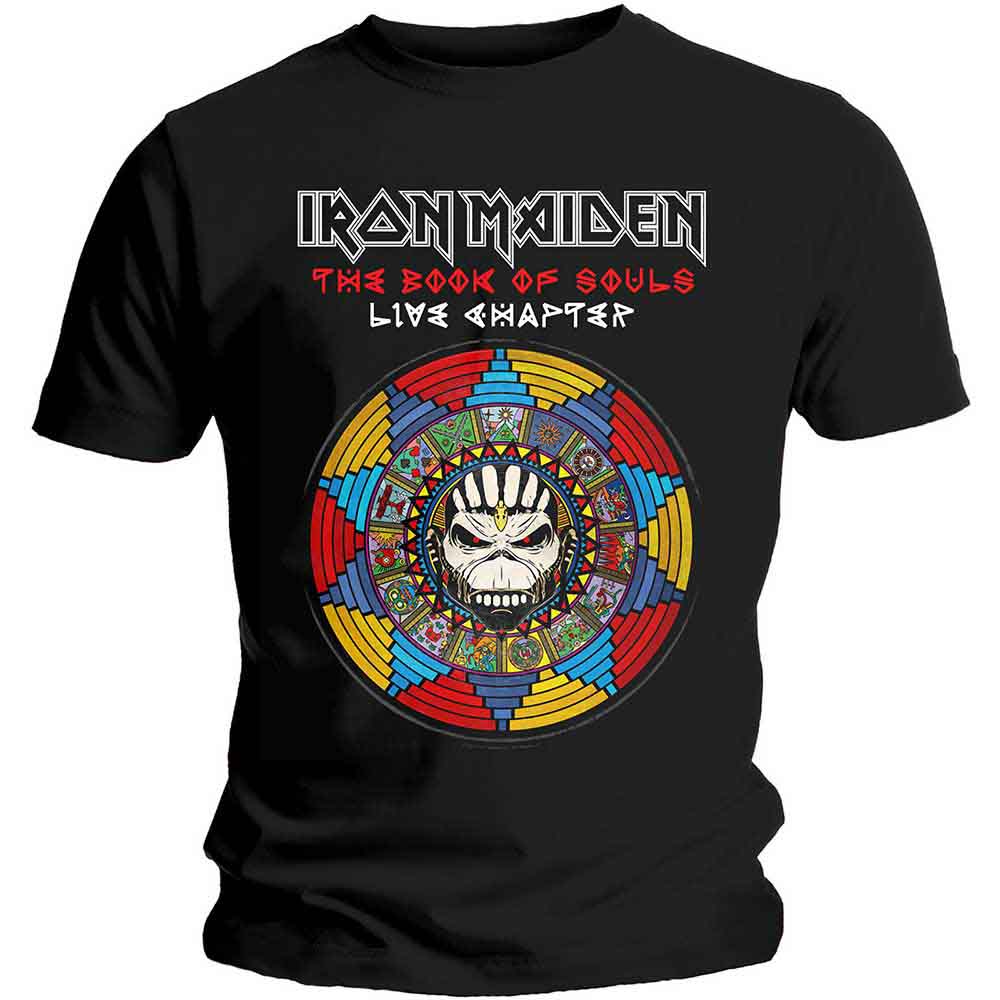Man wearing a black Iron Maiden t-shirt with colorful skull graphic.