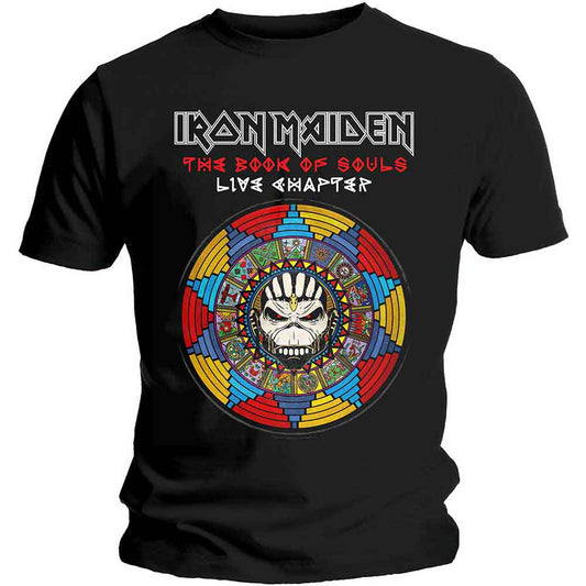 Man wearing a black Iron Maiden t-shirt with colorful skull graphic.