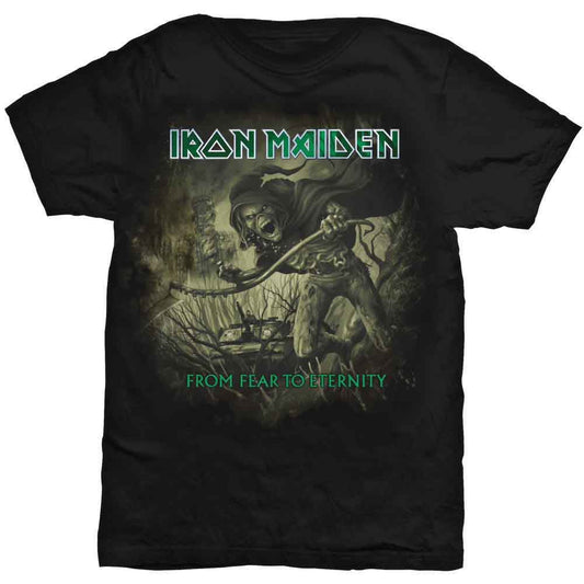 Man wearing black Iron Maiden t-shirt with distressed artwork.