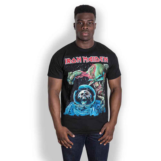 Man wearing a black Iron Maiden t-shirt with album artwork.