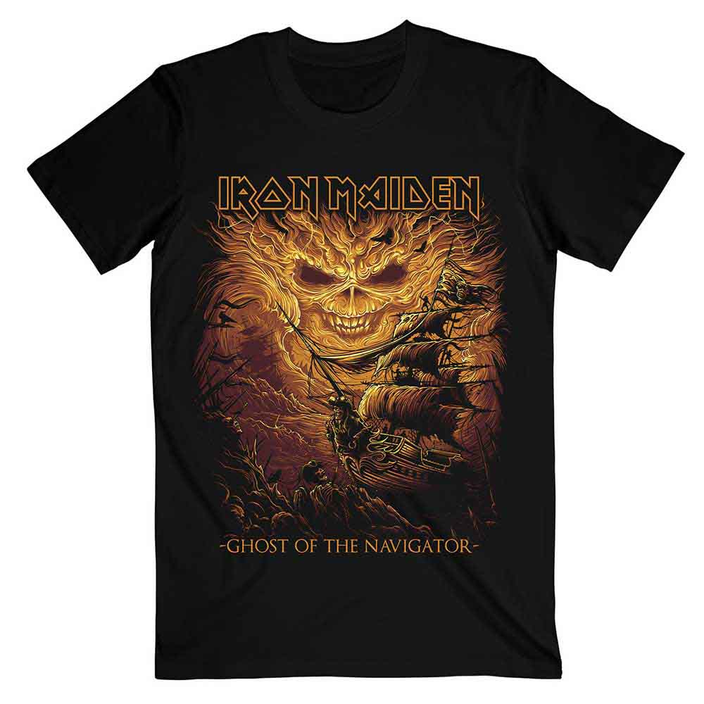 Black Iron Maiden t-shirt featuring a ghostly face, a sailing ship, and stormy clouds.