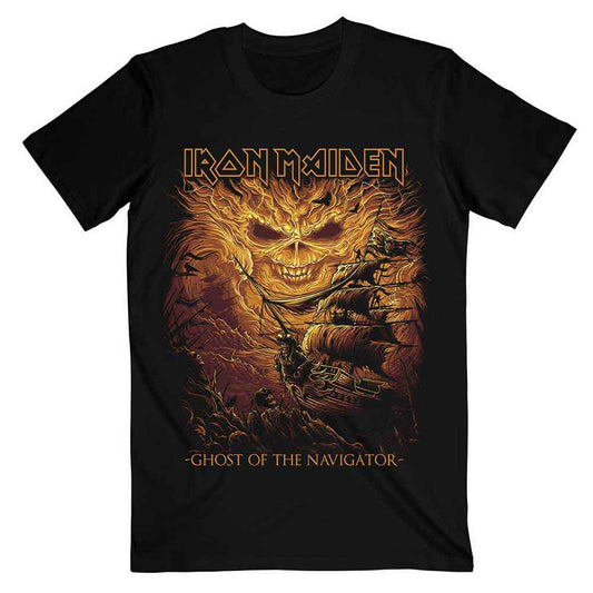 Black Iron Maiden t-shirt featuring a ghostly face, a sailing ship, and stormy clouds.