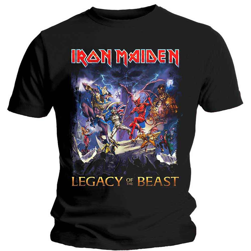 Black t-shirt with colorful Iron Maiden "Legacy of the Beast" artwork.