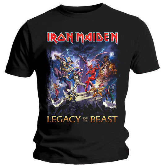 Black t-shirt with colorful Iron Maiden "Legacy of the Beast" artwork.