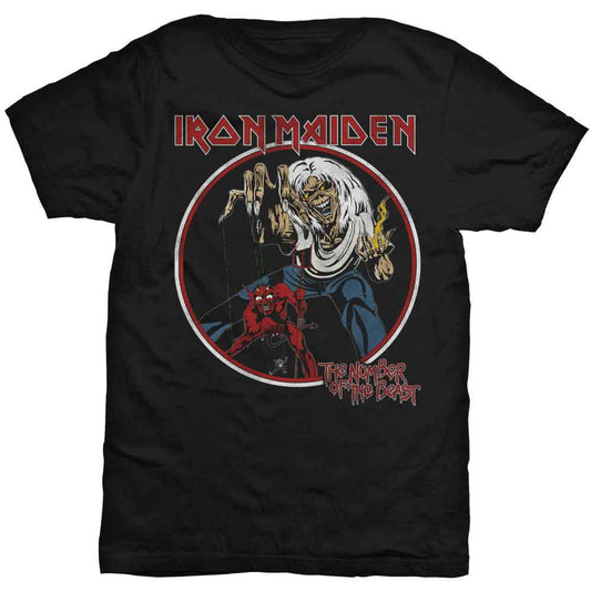 Black t-shirt with Iron Maiden’s “The Number of the Beast” album art.