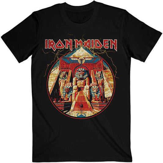 Man wearing a black Iron Maiden t-shirt with colorful Egyptian imagery.